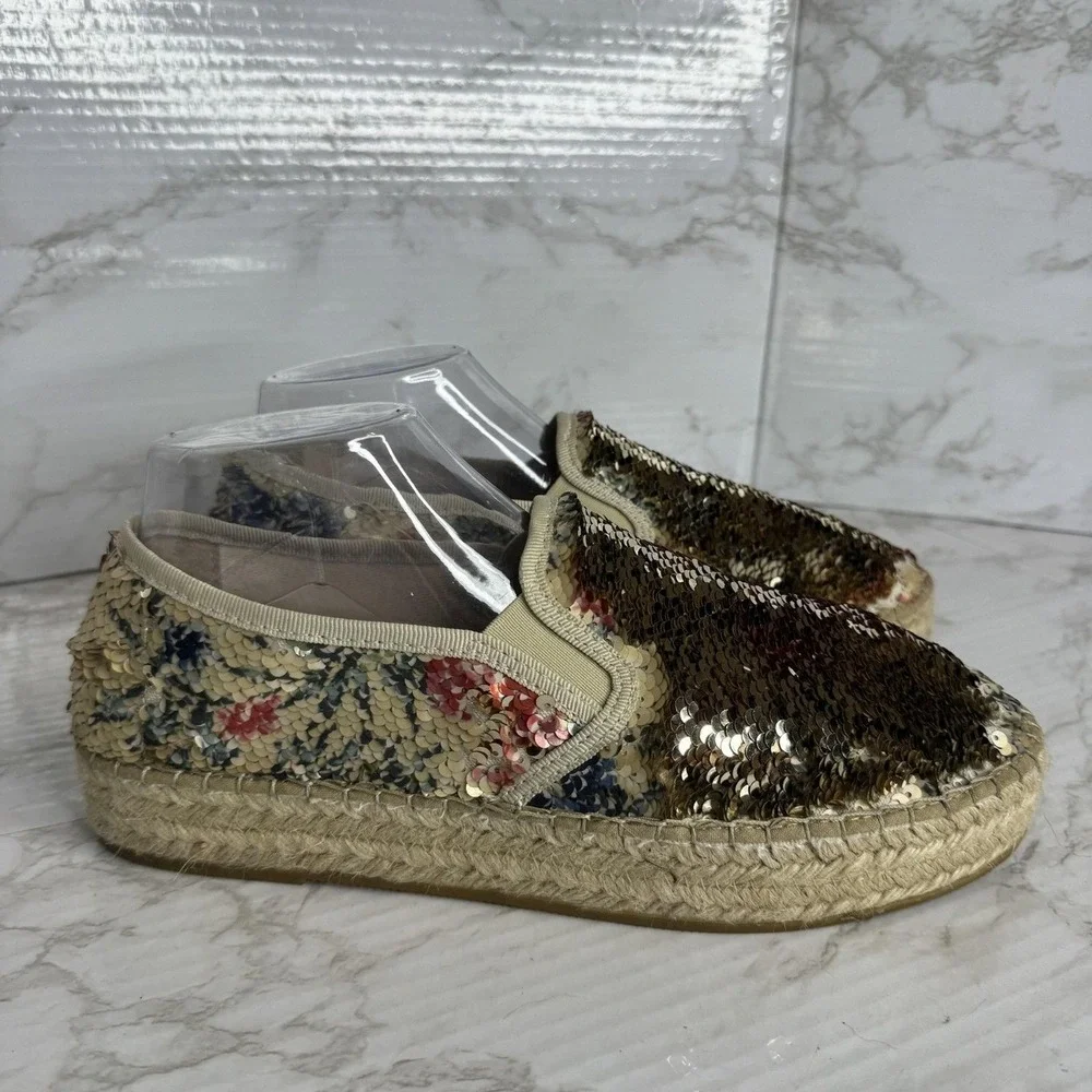 Toni Pons Shoes Womens SZ 10 Gold Floral flip Sequin Espadrille Platform Slip On